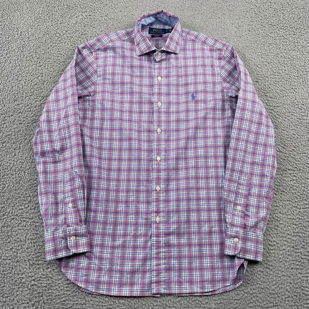 Polo Ralph Lauren Button Down Mens S Pink Blue Plaid Cotton Stretch Shirt